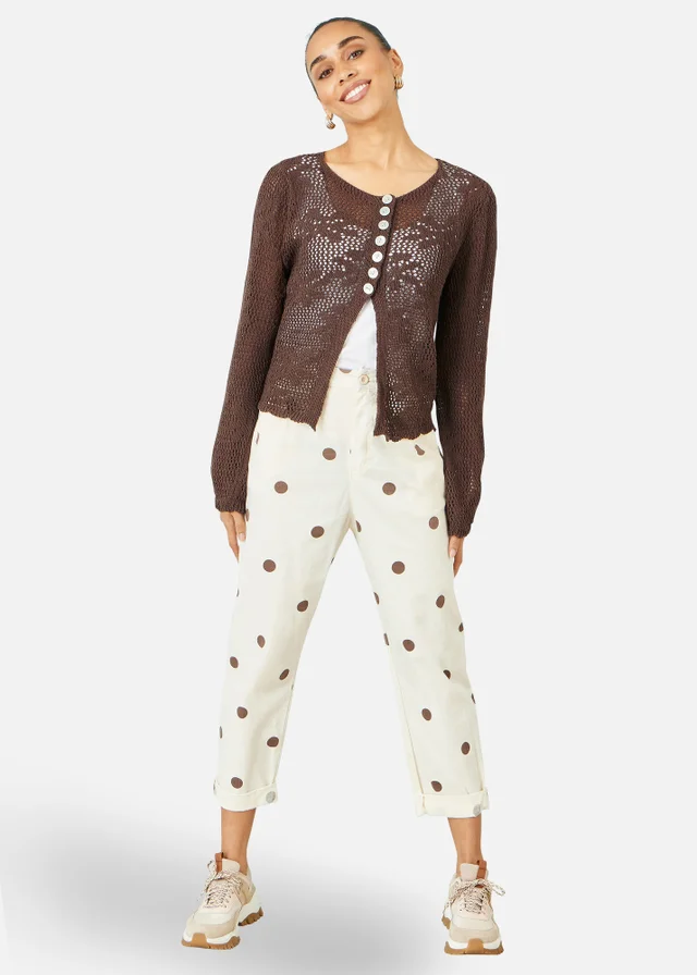 Yumi Brown Flower Crochet Button Up Cardigan