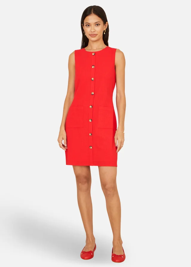 Yumi Red Viscose Button Detail Shift Dress