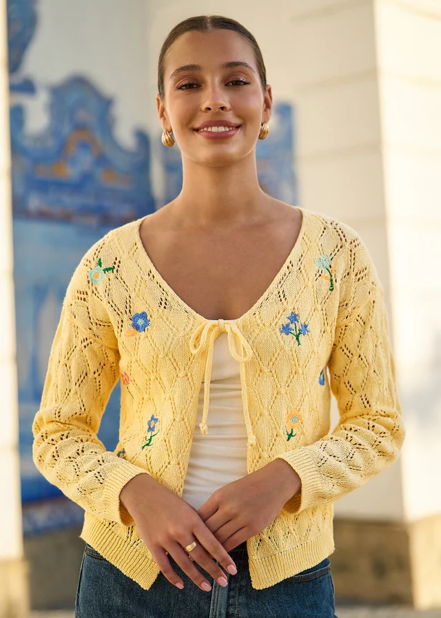 Yumi Butter Yellow Embroidered Pointelle Cardigan