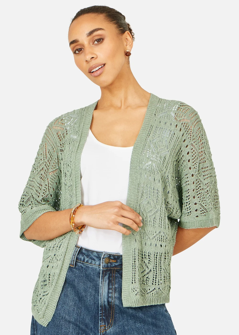 Yumi Green Crochet Edge To Edge 3/4 Sleeve Cardigan - M Image 3