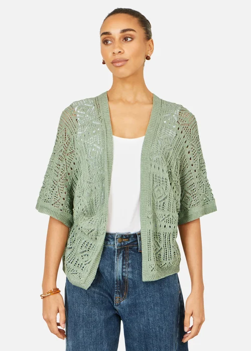 Yumi Green Crochet Edge To Edge 3/4 Sleeve Cardigan - M Image 1