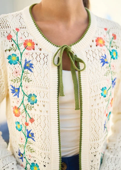 Yumi Ivory Crochet Knitted Tie Cardigan - S Image 3