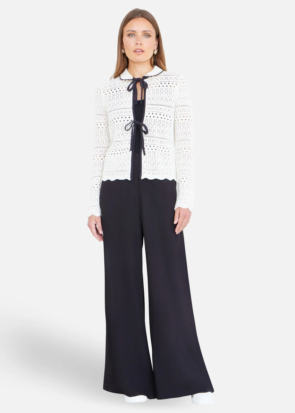 Yumi Ivory Crochet Knitted Cardigan With Peter Pan Collar - M Image 2