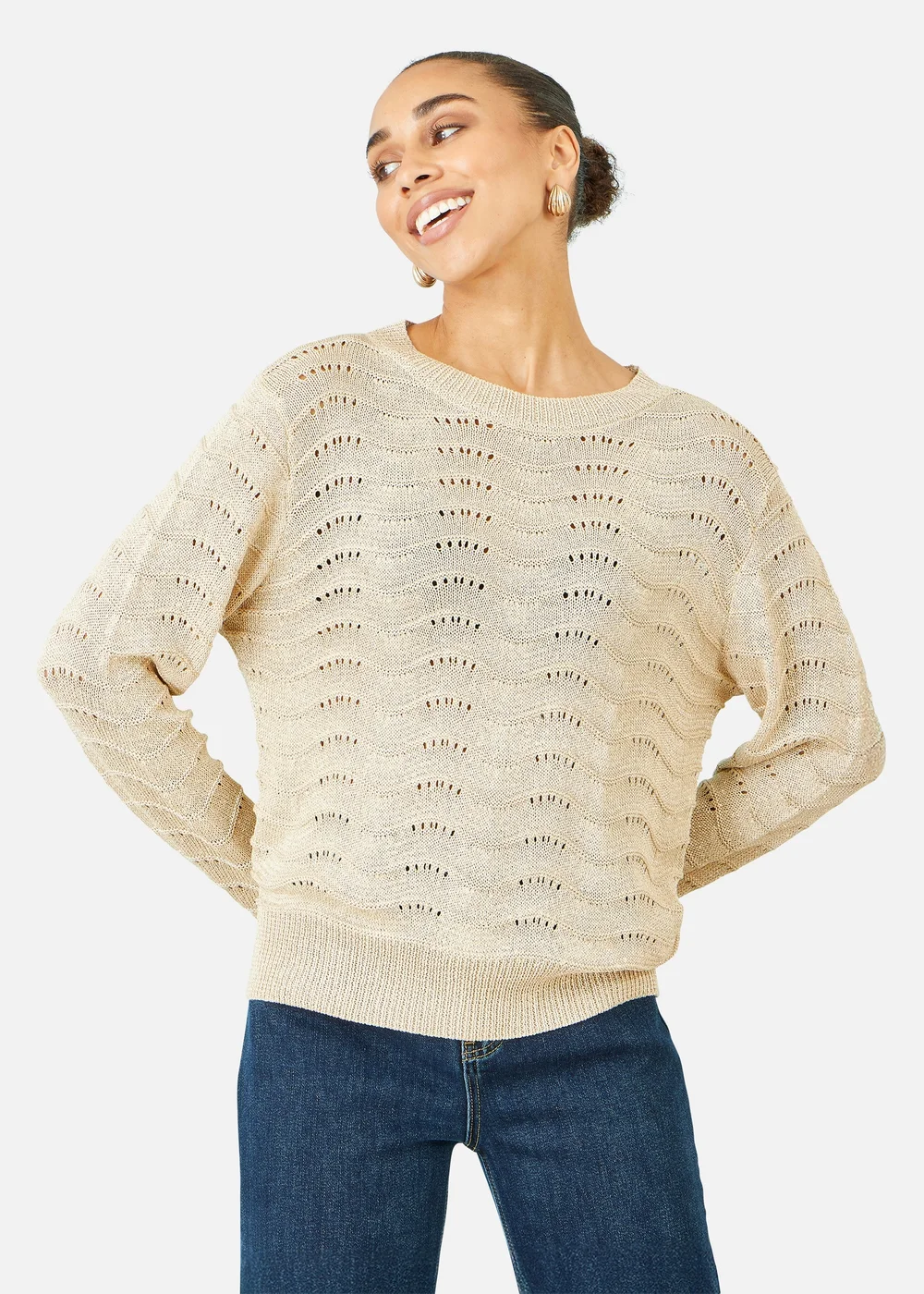 Yumi Beige Wave Metallic Thread Relaxed Jumper - M Image 1