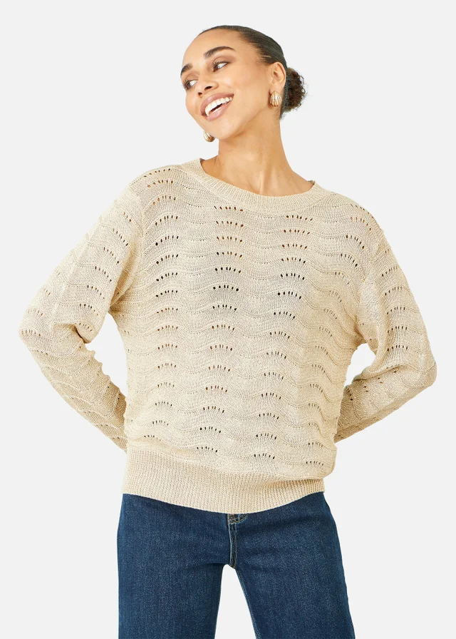 Yumi Beige Wave Metallic Thread Relaxed Jumper