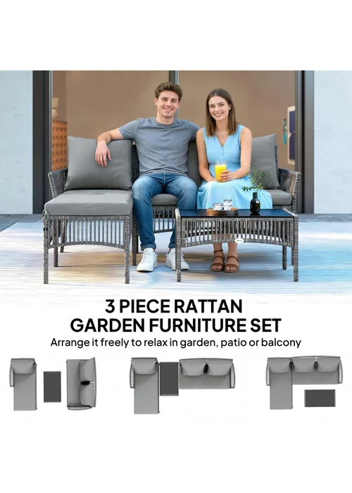 Outsunny Dark Grey 3 Piece Rattan Garden Furniture Set with Cushions - One Size Image 4