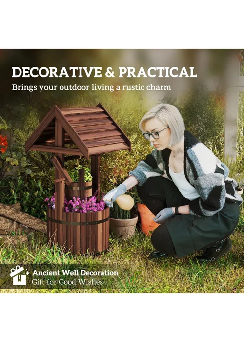 Outsunny Wooden Wishing Well Planter, Flower Planter with Drainage Hole - One Size Image 4