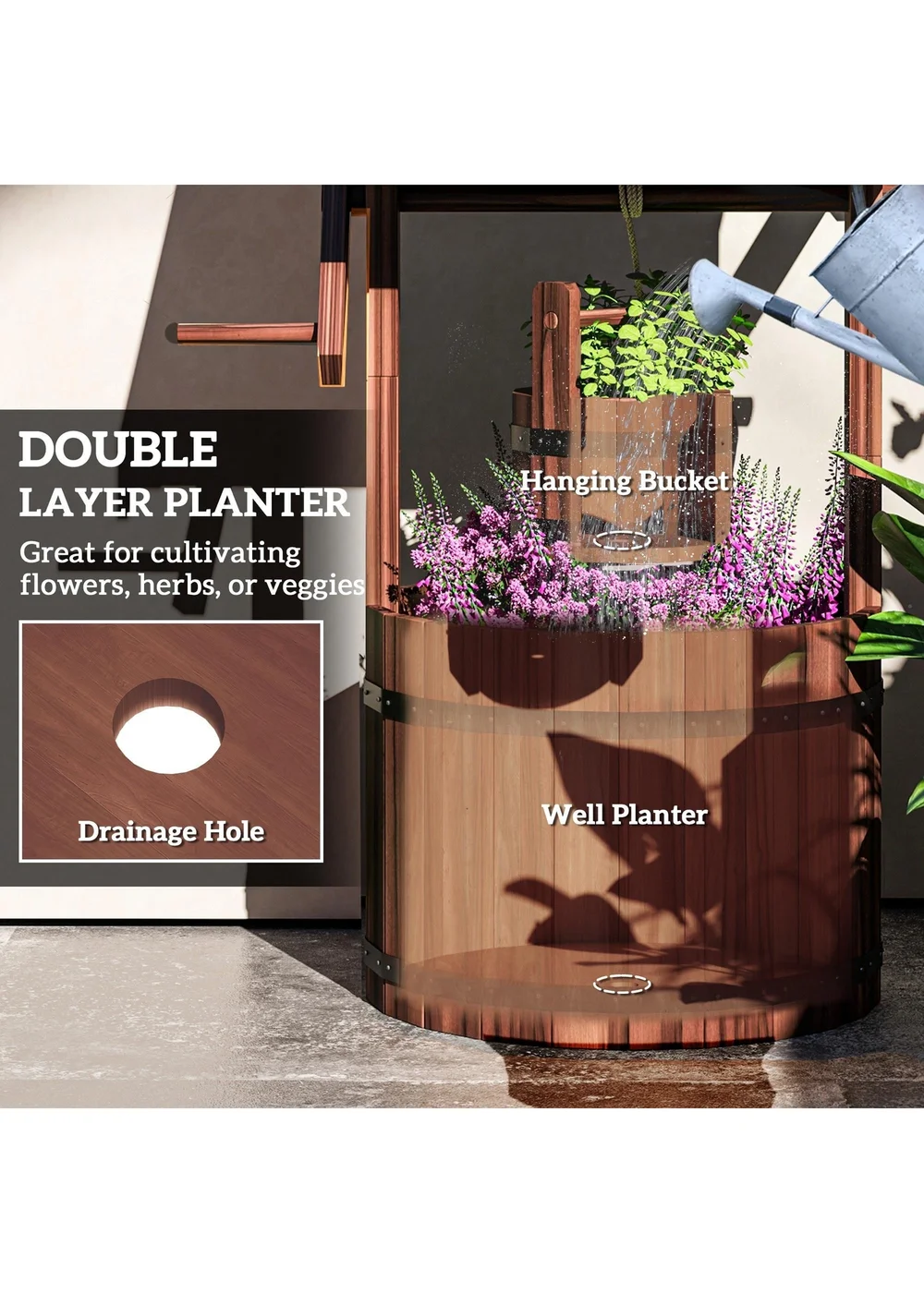 Outsunny Wooden Wishing Well Planter, Flower Planter with Drainage Hole - One Size Image 5