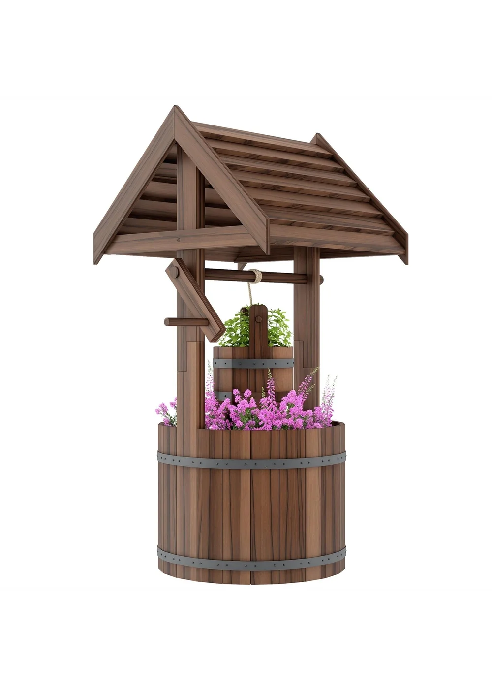 Outsunny Wooden Wishing Well Planter, Flower Planter with Drainage Hole - One Size Image 2