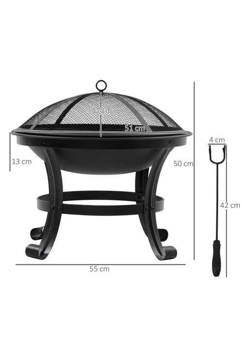 Outsunny Black Outdoor Fire Pit, Wood Burner with Screen and Poker - One Size Image 3