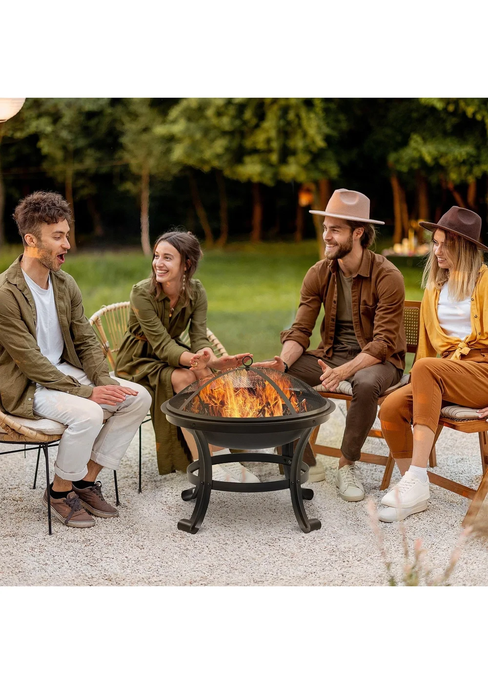 Outsunny Black Outdoor Fire Pit, Wood Burner with Screen and Poker - One Size Image 1