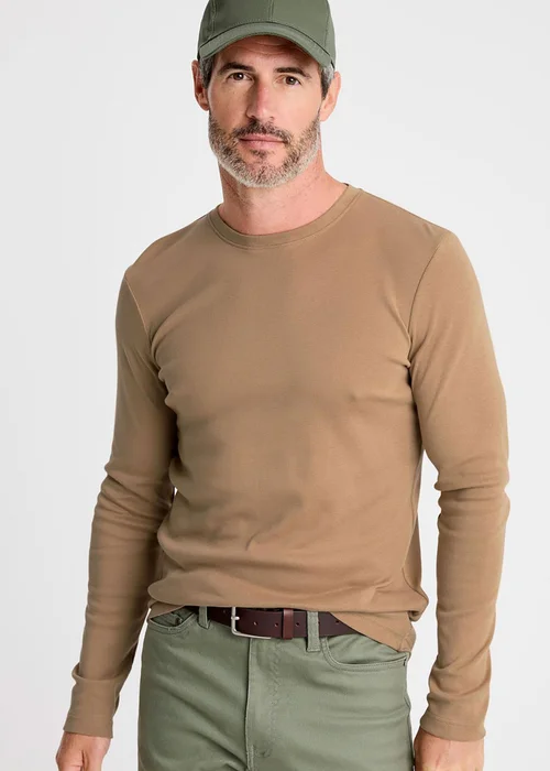 Cotton Traders Linen Pale Camel Long Sleeve Crew Neck Base Layer Top - L Image 1