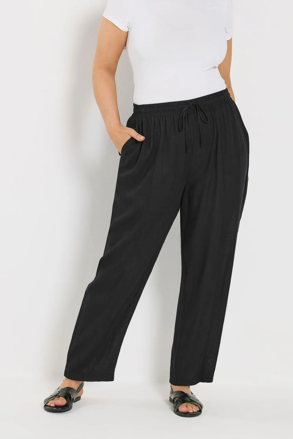 Yours Curve Black Barrel Leg Linen Trousers - 20 Image 1