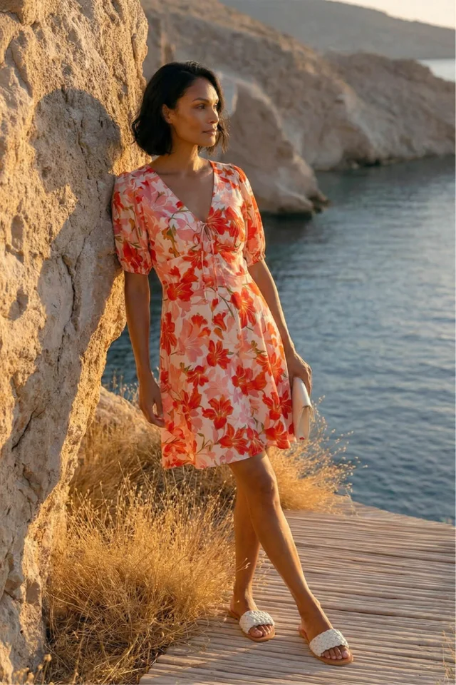 Dusk Red Floral Tie Front Dress