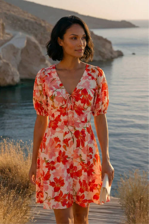 Dusk Red Floral Tie Front Dress - 10 Image 1