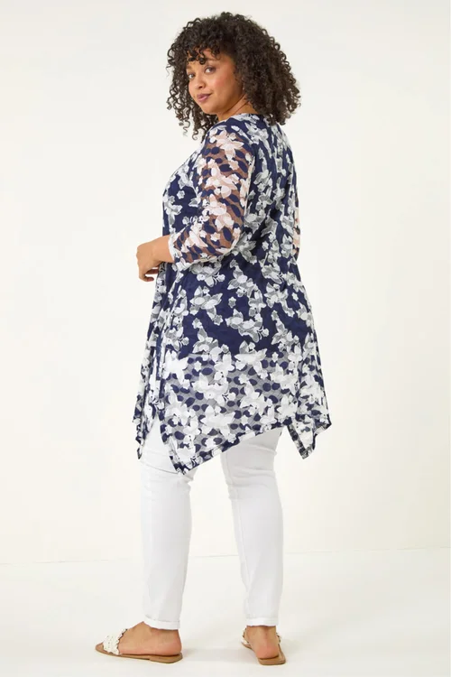 Roman Navy Curve Floral Lace Tunic Top - 16 Image 3