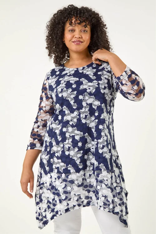 Roman Navy Curve Floral Lace Tunic Top - 16 Image 1