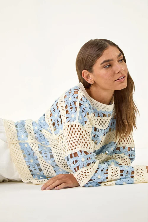 Roman Light Blue Floral Stripe Crochet Knit Jumper - S Image 1