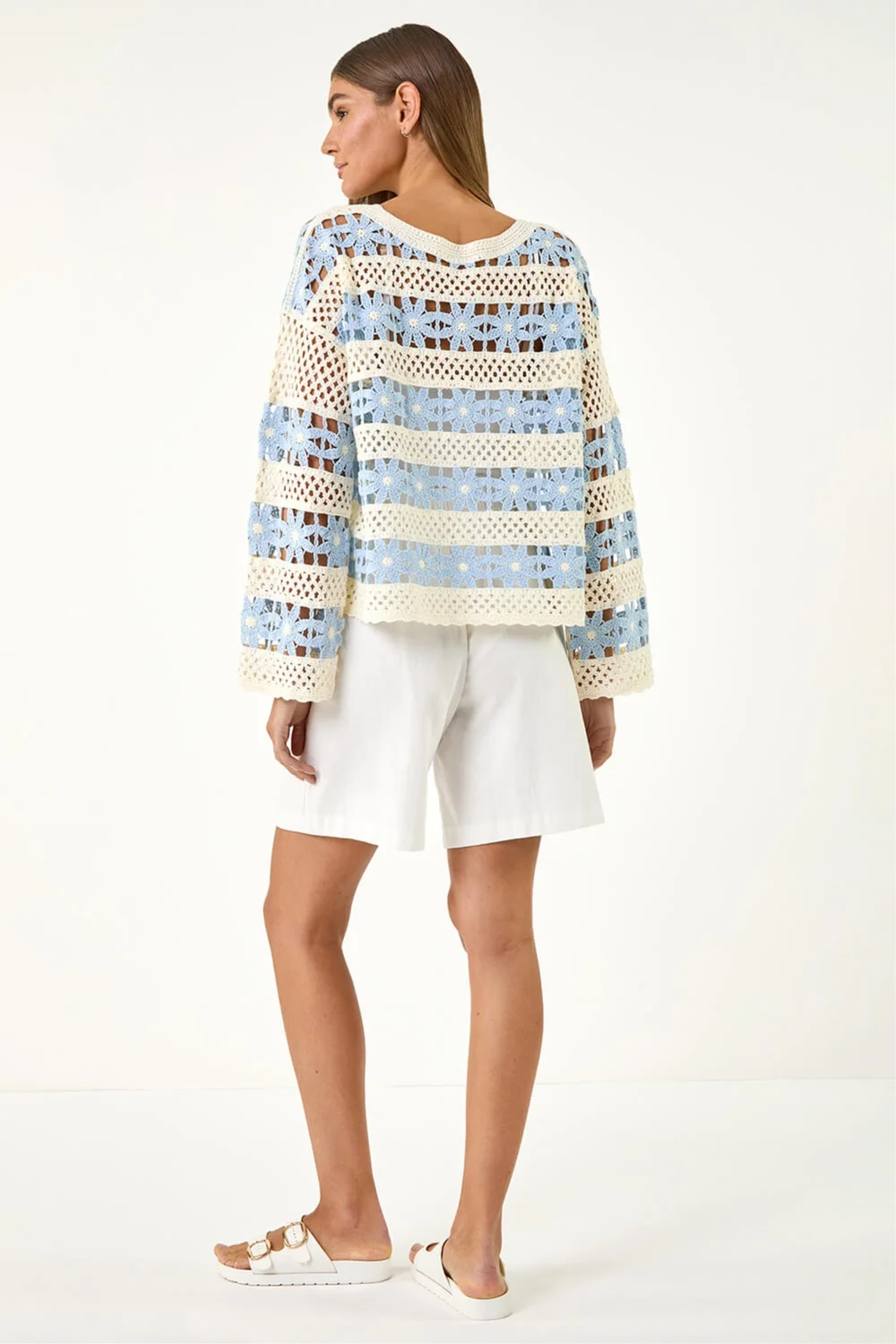 Roman Light Blue Floral Stripe Crochet Knit Jumper - S Image 3