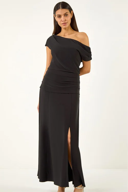 Roman Black Ruched Stretch Midi Dress - 16 Image 4