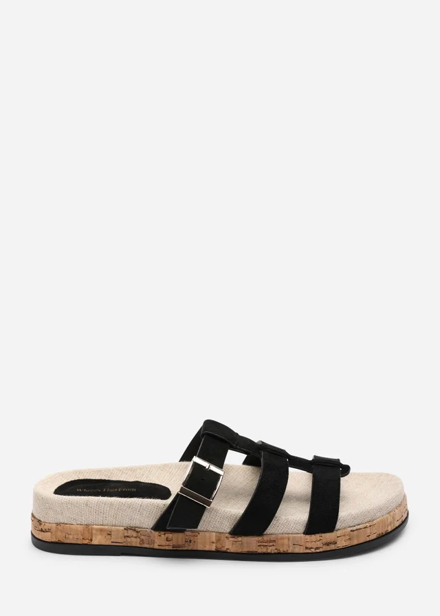 Where's That From Bambi Multi Strap Footbed Black Faux Suede Sandal