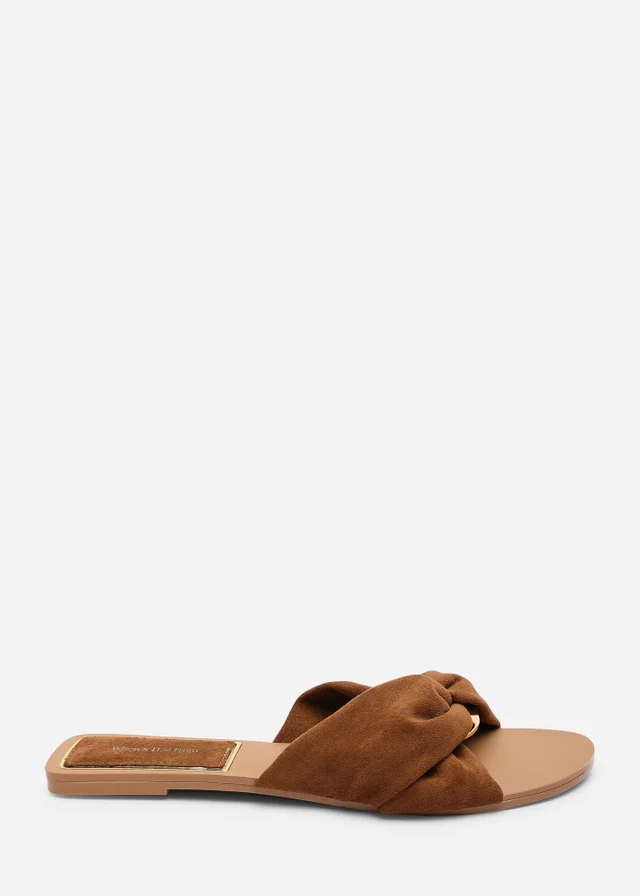 Where's That From Lavina Knot Detail Cognac Faux Suede Slide On Sandal