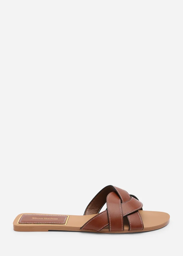 Where's That From Elvira Braided Tan Slide on Sandals with contrast stitching