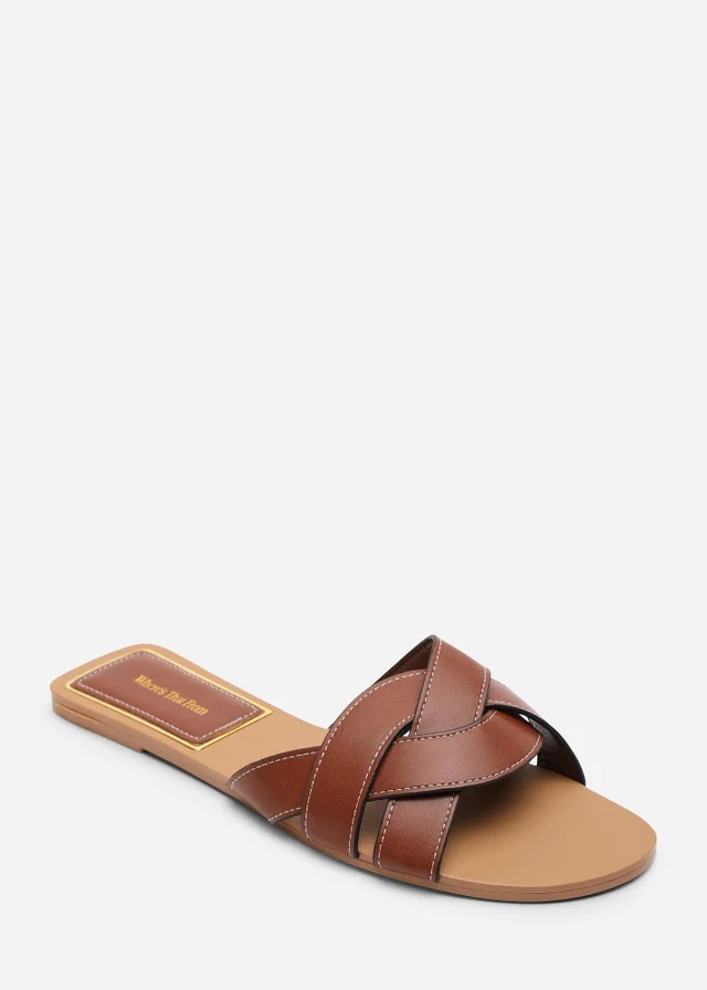 Where's That From Elvira Braided Tan Slide on Sandals with contrast stitching