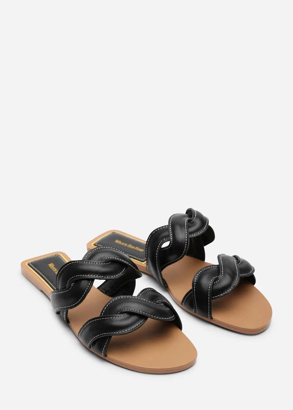 Where's That From Julietta Two Strap Braided Black Slip On Sandals With Contrast Stitching - 5 Image 4