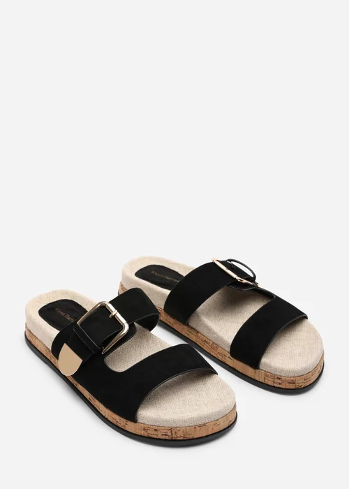 Where's That From Avenue Buckle Footbed Black Faux Suede Sandal - 4 Image 4