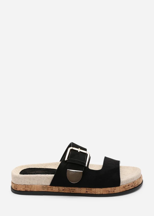 Where's That From Avenue Buckle Footbed Black Faux Suede Sandal
