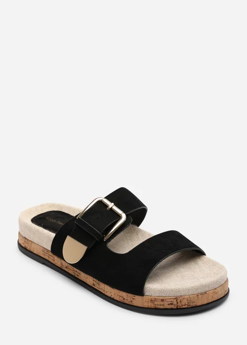 Where's That From Avenue Buckle Footbed Black Faux Suede Sandal - 4 Image 3