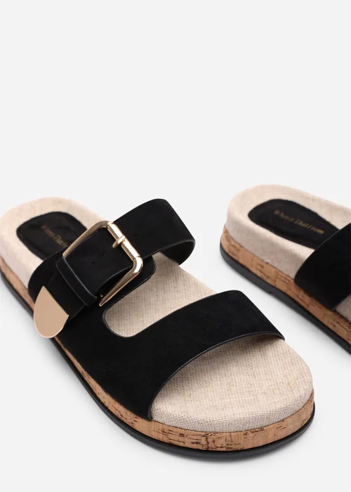 Where's That From Avenue Buckle Footbed Black Faux Suede Sandal - 4 Image 5