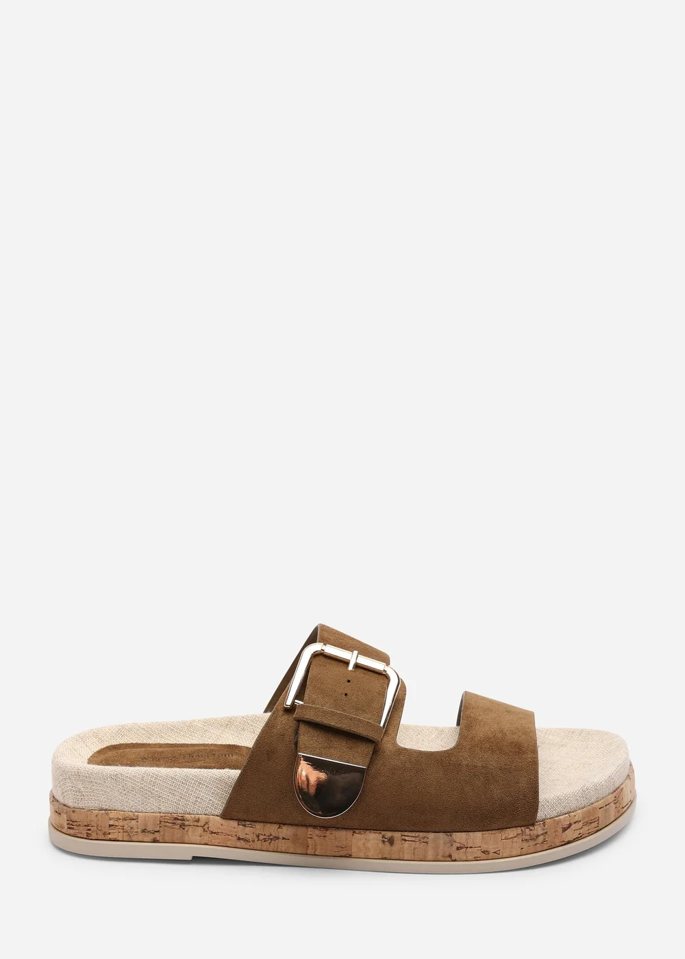 Where's That From Avenue Large Buckle Footbed Khaki Faux Suede Sandal - 4 Image 1