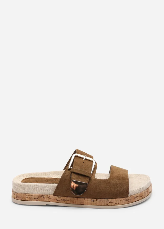Where's That From Avenue Large Buckle Footbed Khaki Faux Suede Sandal