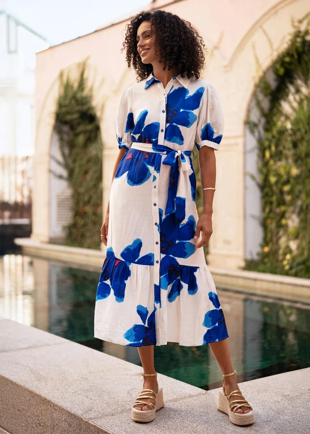 Yumi Blue Scattered Floral Shirt Dress