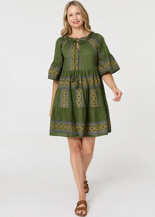 Izabel London Green Embroidered 1/2 Flare Sleeve Short Dress - 14 Image 1