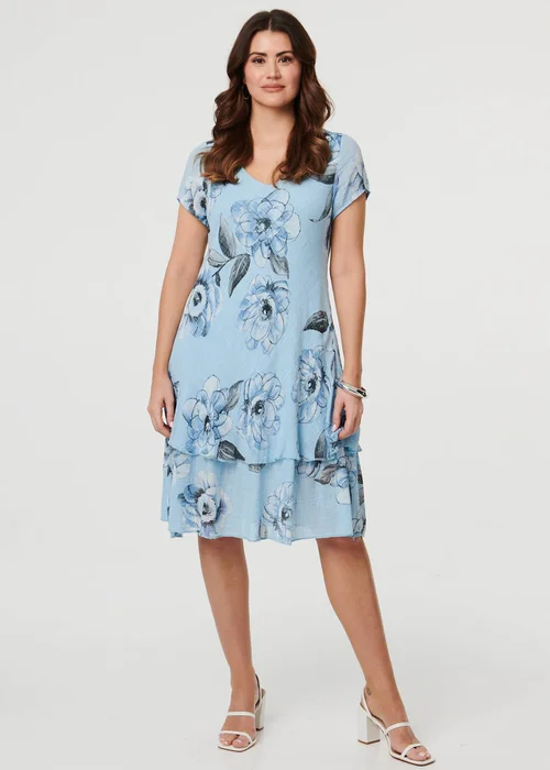 Izabel London Blue Floral Frilled Hem Knee Length Dress - 14 Image 1