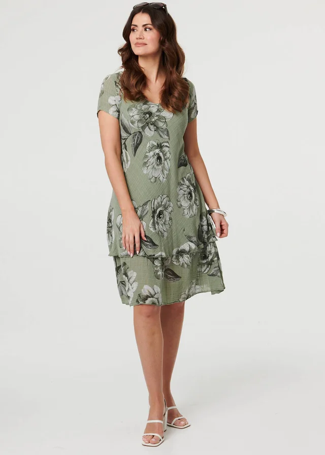 Izabel London Khaki Floral Frilled Hem Knee Length Dress