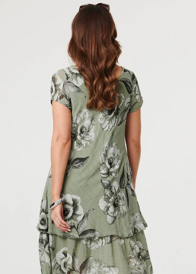 Izabel London Khaki Floral Frilled Hem Knee Length Dress