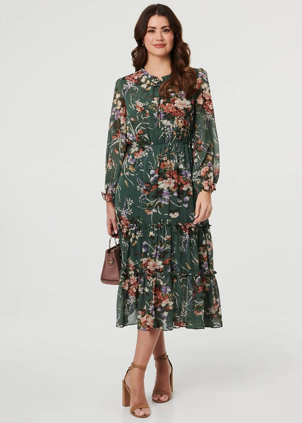 Izabel London Green Floral Tiered Long Sleeve Midi Dress - 14 Image 1