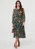 Izabel London Green Floral Tiered Long Sleeve Midi Dress - 14 Image 1