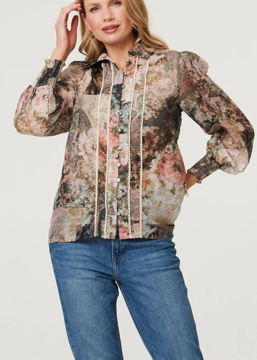 Izabel London Sage Floral Lace Trim Long Puff Sleeve Shirt - 12 Image 3