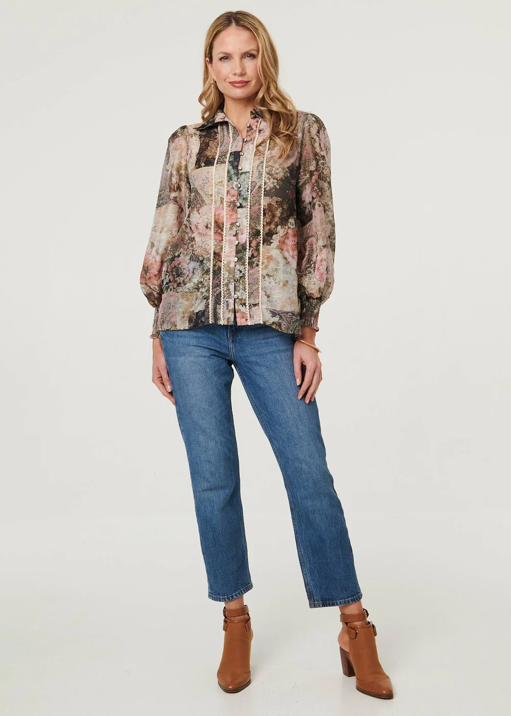 Izabel London Sage Floral Lace Trim Long Puff Sleeve Shirt - 12 Image 1