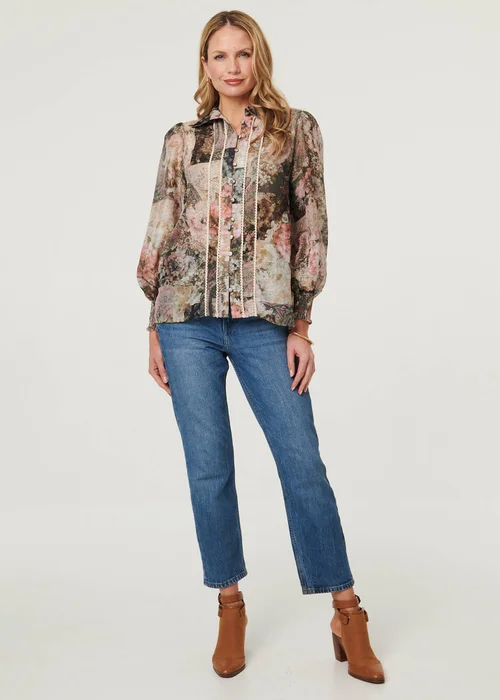 Izabel London Sage Floral Lace Trim Long Puff Sleeve Shirt - 12 Image 1