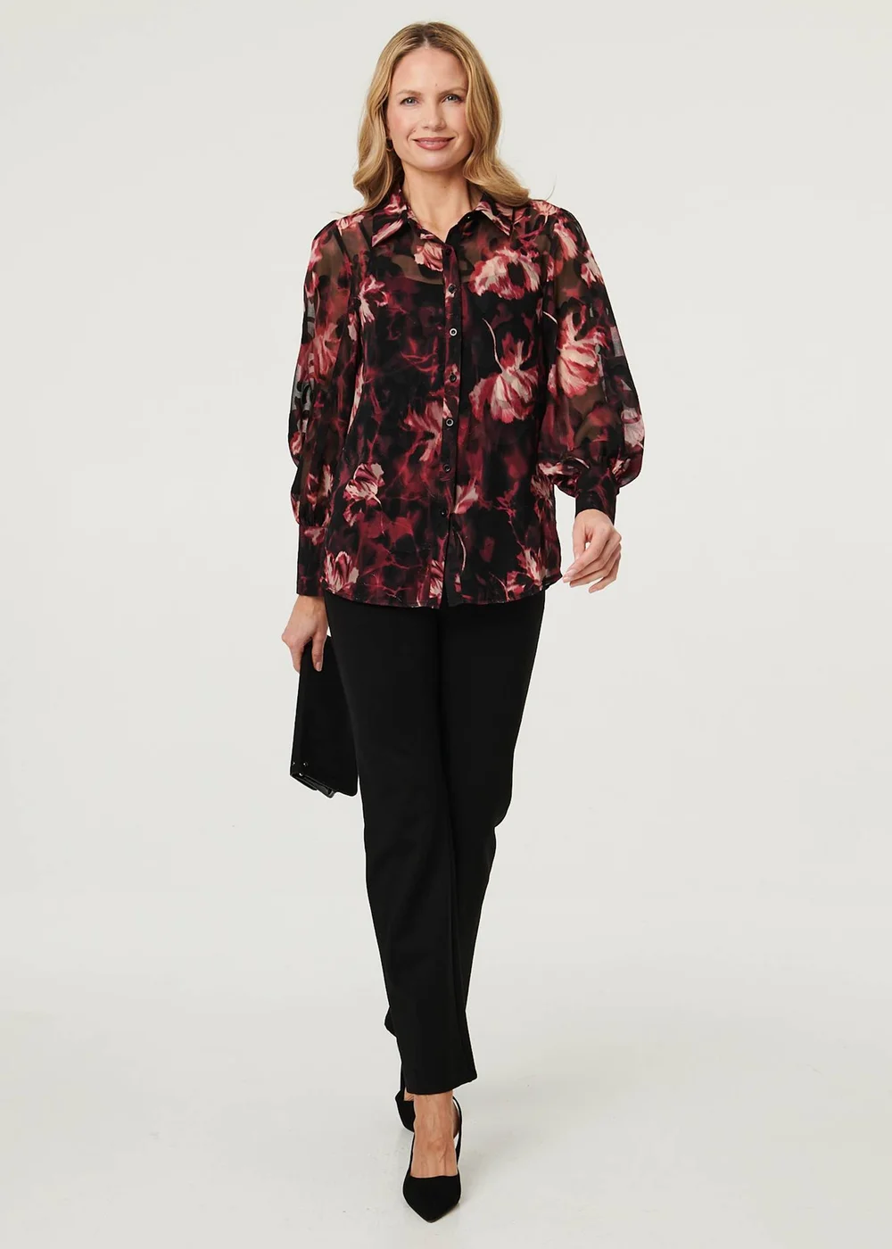 Izabel London Black Floral Semi Sheer Balloon Sleeve Shirt - 14 Image 1