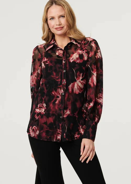 Izabel London Black Floral Semi Sheer Balloon Sleeve Shirt - 14 Image 4