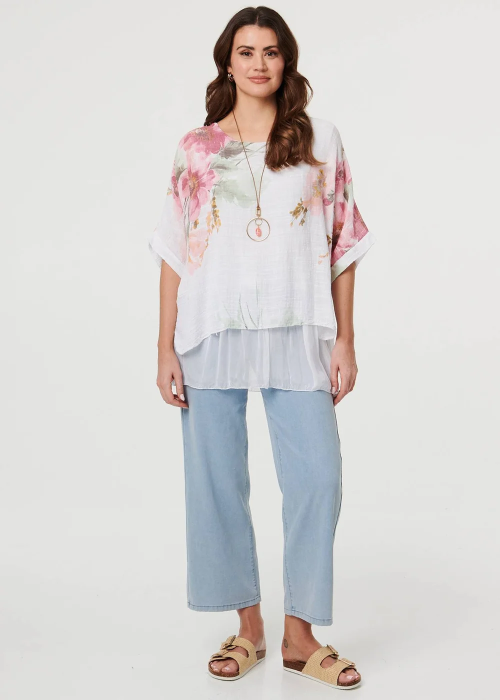 Izabel London White Floral 3/4 Sleeve Layered Tunic Blouse - 8 Image 1