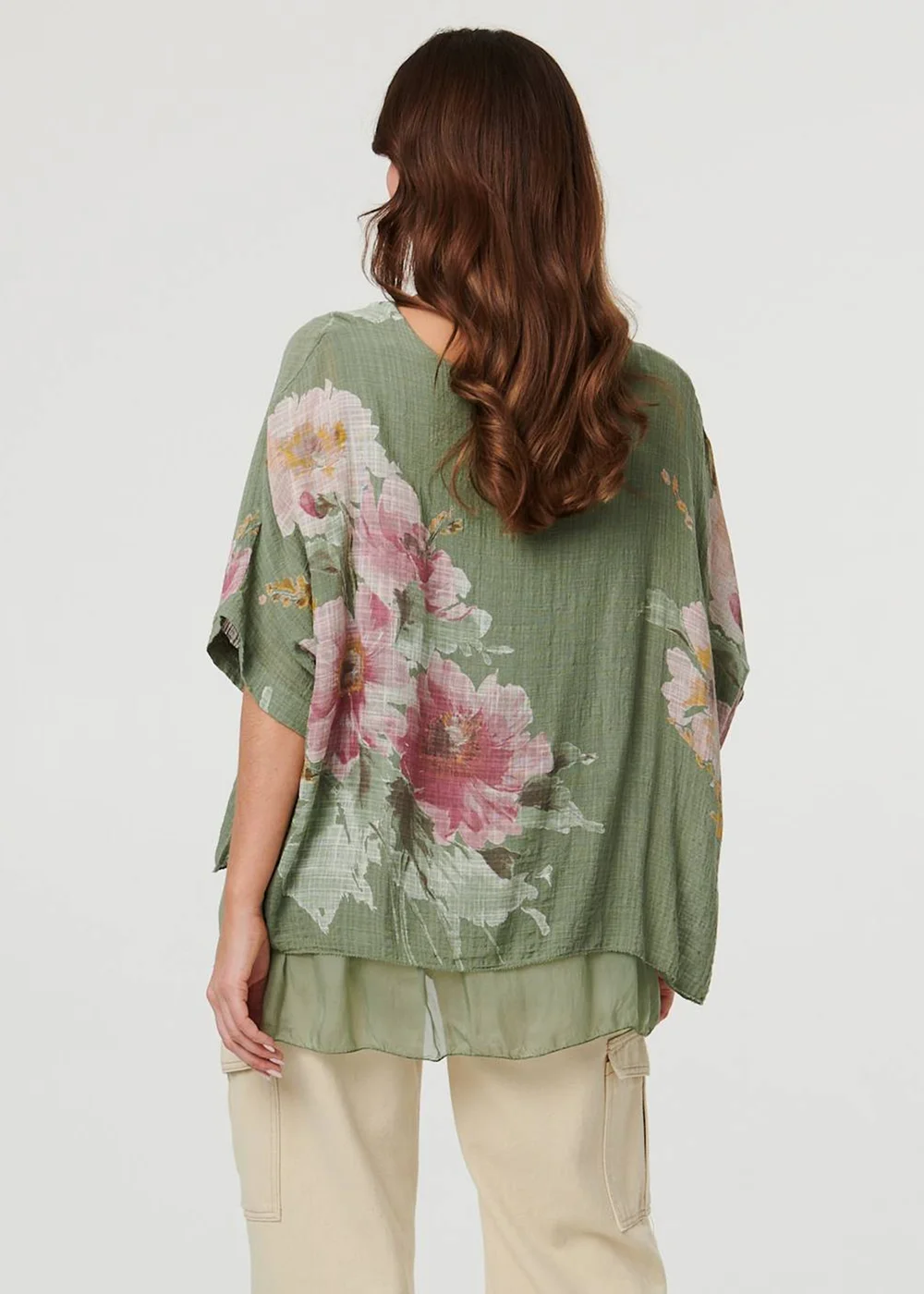 Izabel London Khaki Floral 3/4 Sleeve Layered Tunic Blouse - 8 Image 2