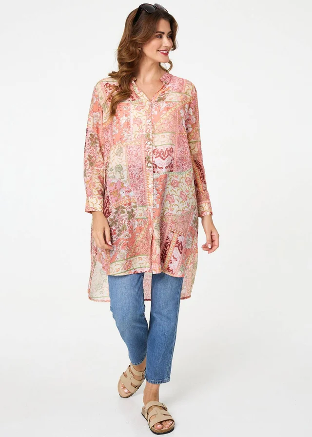 Izabel London Pink Printed Long Sleeve Longline Shirt